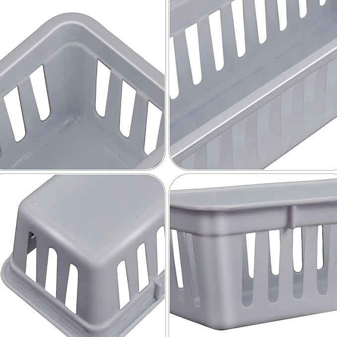 Domensi 12 Pack Slim Plastic Storage Baskets Tray for Organizing 10.25 x 3.25 x 2.5 Inch Small Narrow Storage Bins Stackable Drawer Pencil Trays Holder for Desk Garage Cabinet Containers(Gray)