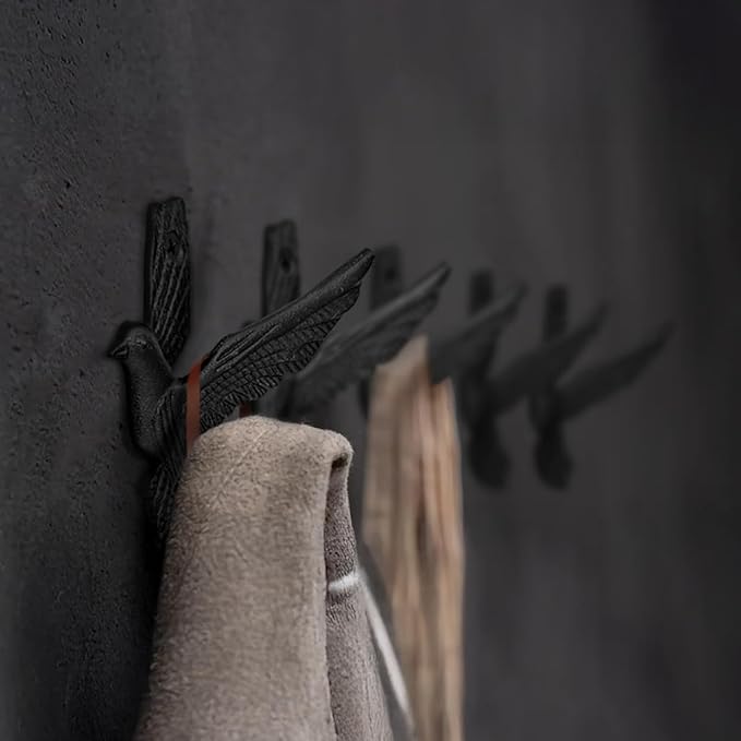 Ambipolar Flying Style Iron Cast Decorative Pigeon Bird Wall Mounted Coat Hooks, 5 Pieces, Black