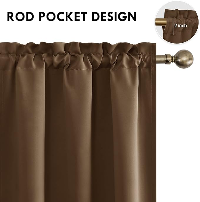 DWCN Blackout Curtains for Bedroom - Thermal Insulated Privacy Energy Saving Rod Pocket Drapes for Living Room, W 38 x L 72 Inch, Brown, Set of 2