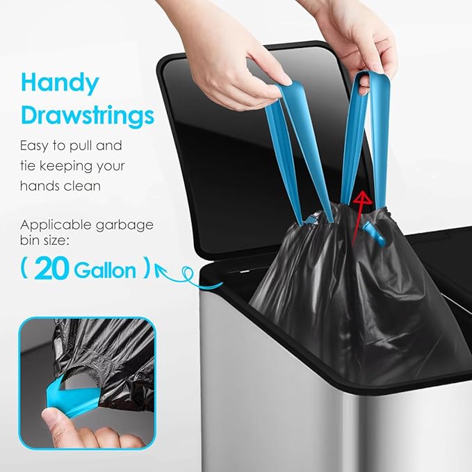 Teivio 20 Gallon 60 Counts (fit 18-20 Gal) Large Drawstring Trash Bags Strong Tall Kitchen Compactor Bags Garbage Bags for Home/Office/Light Residential Waste/Outdoor Trash Can, Lawn，Black Trash Bags