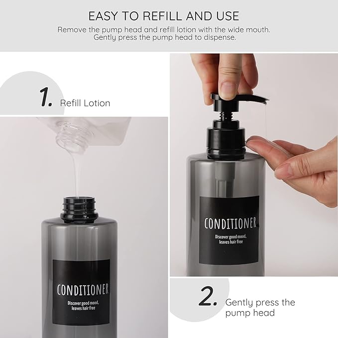 Refillable Shampoo Bottles, Segbeauty 16.9oz Shampoo Dispenser, 3pcs 500ml Empty Plastic Pump Bottle for Shower, Labeled Grey Large PET Lotion Dispenser with Pump Body Soap Conditioner Hotel Bathroom