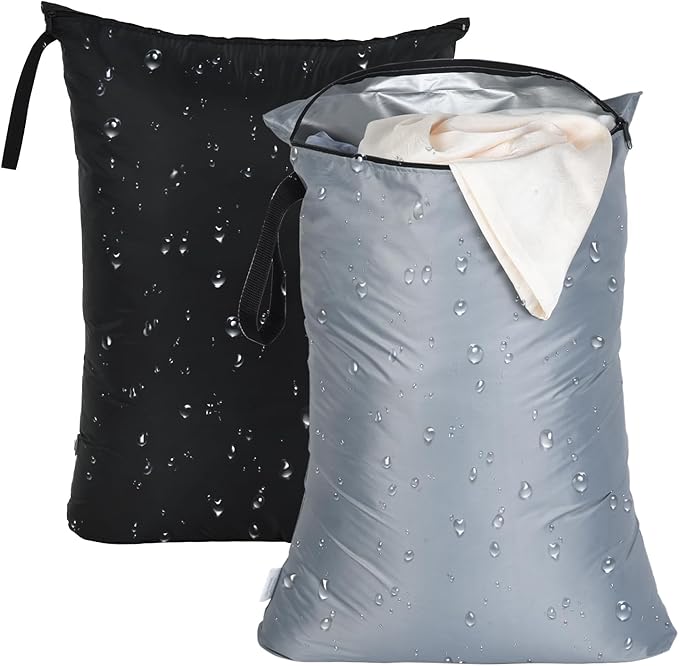 OTraki 2Pcs Exlarge Wet Bag 24x32 inch Reusable Waterproof Wet Dry Bag with Zipper Handle Wet Clothes Blanket Bedding Coat Sweater Machine Washable Laundry Bag for Travel Hotel Camping, Black & Grey