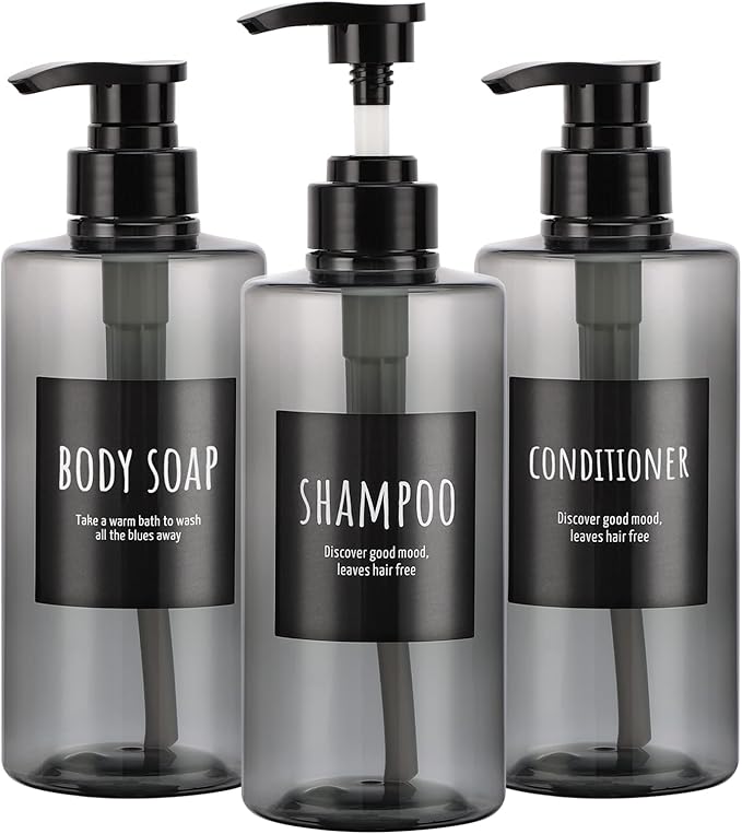 Refillable Shampoo Bottles, Segbeauty 16.9oz Shampoo Dispenser, 3pcs 500ml Empty Plastic Pump Bottle for Shower, Labeled Grey Large PET Lotion Dispenser with Pump Body Soap Conditioner Hotel Bathroom