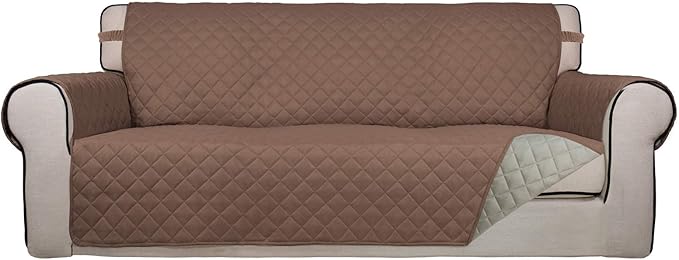 PureFit Reversible Quilted Sofa Cover, Water Resistant Slipcover Furniture Protector, Washable Couch Cover with Non Slip Foam and Elastic Straps for Kids, Dogs, Pets (Large, Brown/Beige)