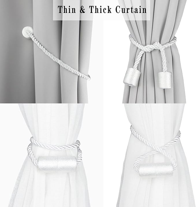 2 Pack White Strong Magnetic Curtain Tiebacks Outdoor Elegant Decorative Tie Backs Modern Rope Tiebacks for Drapes Window Curtain Holdbacks for Draperies