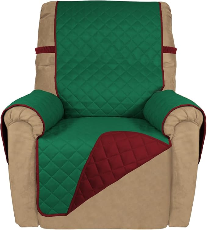 PureFit Reversible Quilted Sofa Cover, Water Resistant Slipcover Furniture Protector, Washable Couch Cover with Non Slip and Elastic Straps for Kids, Dogs, Pets (Small Recliner, Green/Red)