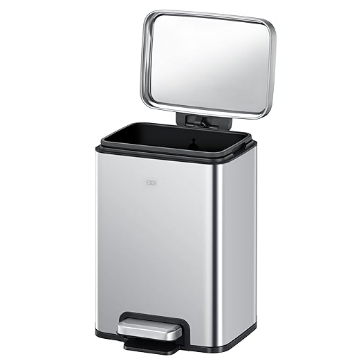 EKO Madison 6L / 1.6 Gal Bathroom Trash Can with Lid and Removable Inner Basket, Rectangular Small Step Trash Can, Brushed Stainless Steel