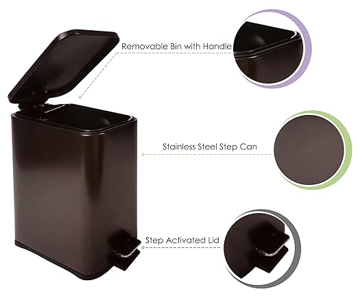 Stainless Steel Small Trash Can with Lid & Step Pedal - 6 Liters/1.6 Gallon Soft Close Garbage Can with Removeable Inner Bucket - Trash Cans for Bathroom, Bedroom, Kitchen & Office (Bronze)