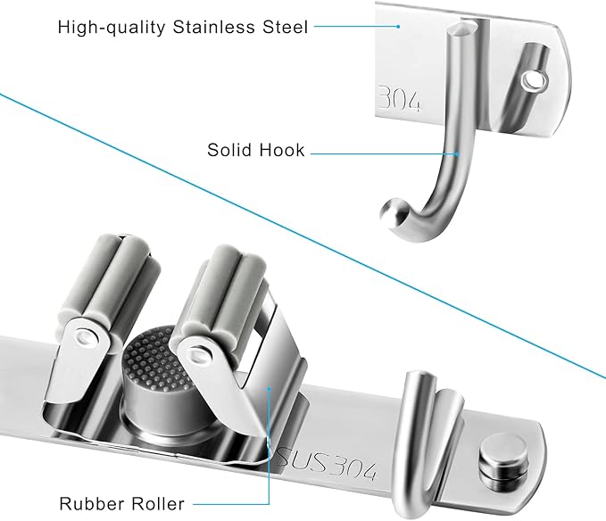 2 Pcs Mop Broom Holder Wall Mounted, Dustpan Holders, Stainless Steel Mop Hangers Organizer, Broom Rack, Utility Hook for Hanging Brooms and Mops(3 Racks 4 Hooks and 2 Racks 3 Hooks)