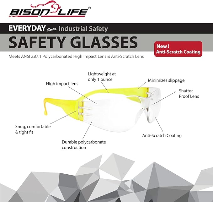 BISON LIFE Safety Glasses - Scratch Resistant Wrap Around Eyewear, Polycarbonate ANSI Z87.1 Impact Resistant Lens