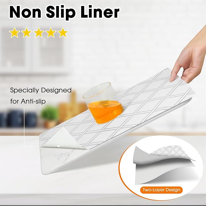 Drawer and Shelf Liner for Kitchen Cabinets Non-Adhesive Cabinet Liners for Shelves Strong Grip Non Slip Waterproof Cupboard Liner for Dresser Refrigerator, Bathroom,Silver Geometric,17.5IN X 10FT
