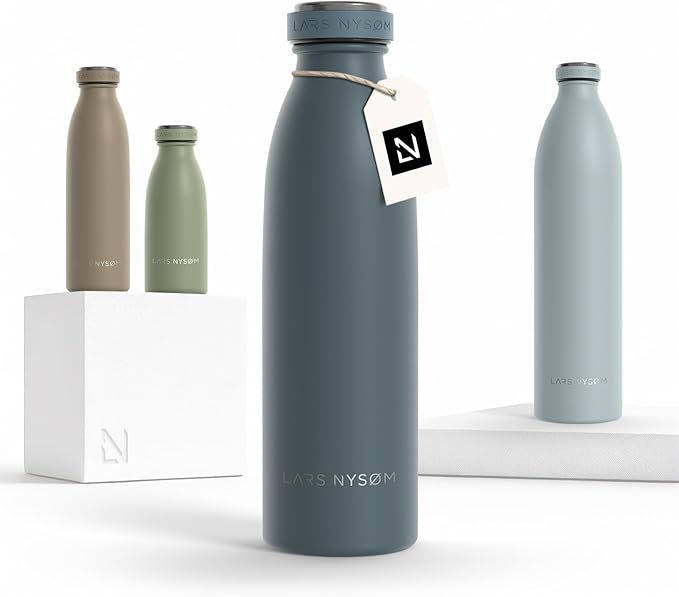 LARS NYSØM Stainless Steel Insulated Water Bottle 12oz 17oz 25oz 34oz 51oz | Insulated Thermo Flask for Hot and Cold Beverages | Leakproof Drinking Bottle (Stone Blue, 17oz)