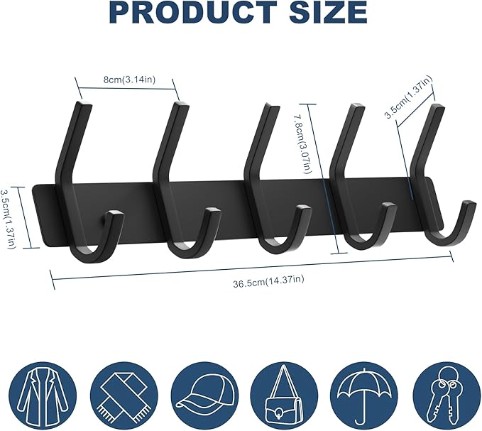 VAEHOLD Wall Hooks, Heavy Duty Aluminum Towel Hooks for Hanging Coat, Hat, Key, Clothes, Closet Hook Wall Mount for Kitchen, Bathroom, Office (“C“ Shape Coat 5 Hooks 1 Pack)