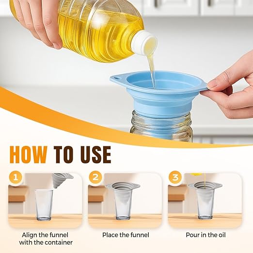 Kitchen Funnel Set 3 Pack, Collapsible Silicone Funnels for Filling Water Bottles & Small Bottles | Food-Grade, Easy Clean & Space-Saving (Blue)