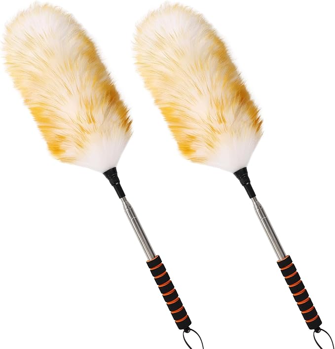 Extendable Lambswool Duster 25-64" Retractable Telescopic Handle Removable Head Multi-Surface Cleaning Tool for Ceiling Fans, Windows, High Walls, and Hard-to-Reach Areas (2pcs)