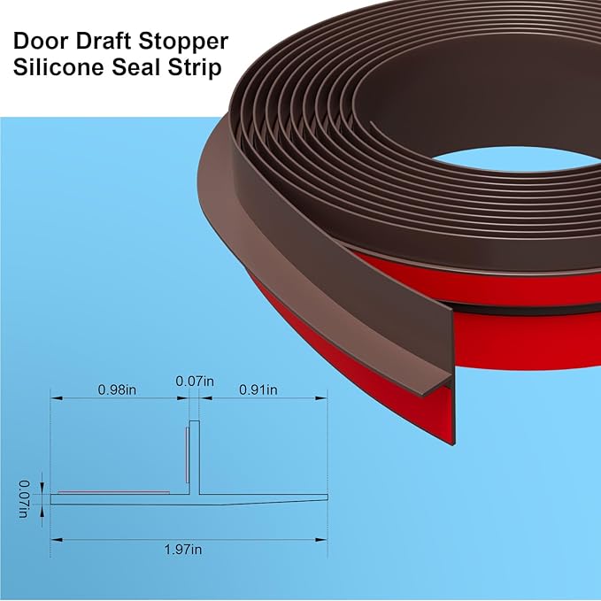 T-Shaped Door Draft Stopper, 1.97 in x 20 Ft Silicone Seal Strip for Windows Gaps, Weather Stripping Seal Strip Shower Sweep, Brown