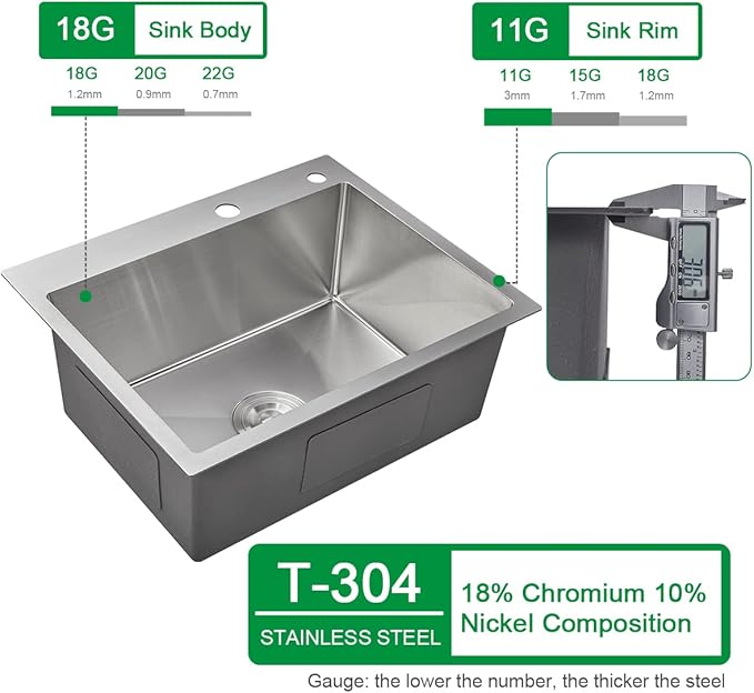 20x16x9 Inch Drop in Kitchen Sink, Handmade 304 Stainless Steel Single Bowl with 2 Holes, R10 Tight Radius, Topmount Installation, for Modern Kitchen/RV Sink, Brushed