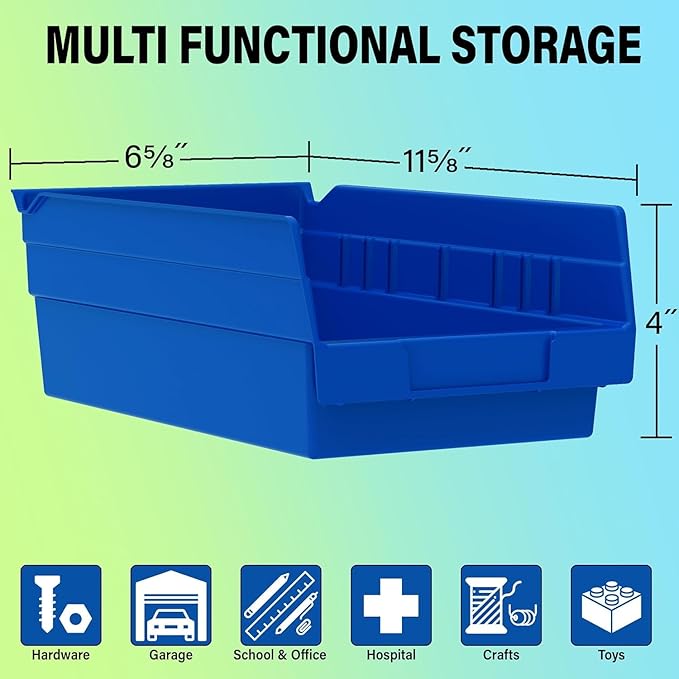 Akro-Mils 30130 Plastic Shelf Bins, Heavy Duty Storage Bins for Garage, Closet, and Drawer Organization, 12-Inch x 6-1/2-Inch x 4-Inch, Blue, 12-Pack