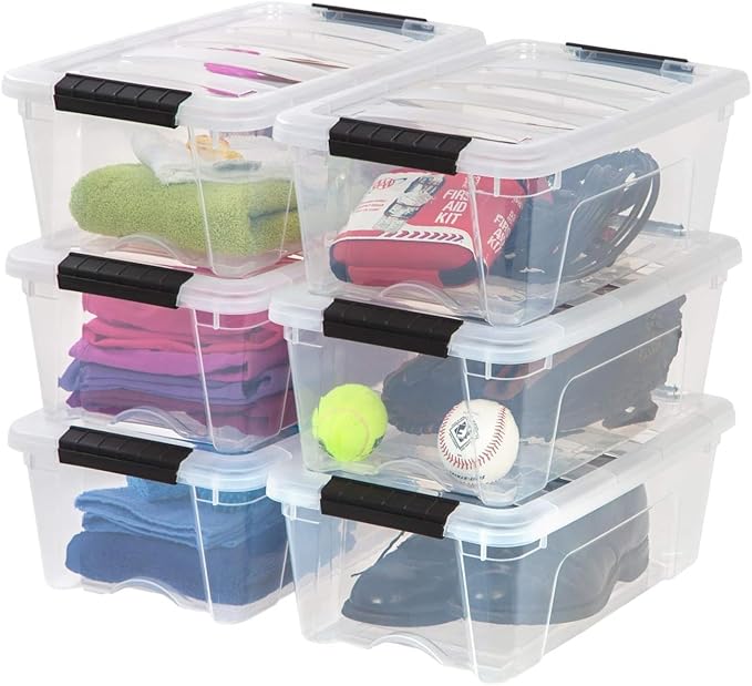IRIS USA 13 Qt Stackable Plastic Storage Bins with Lids, 6 Pack - BPA-Free, Made in USA - See-Through Organizing Solution, Latches, Durable Nestable Containers, Secure Pull Handle - Clear