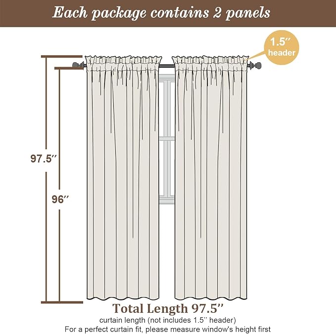 Chyhomenyc Ivory Sheer Curtains 96 Inches Long 2 Panels, Light Filtering Ivory Curtains for Living Room, Soft Gentle Voile Rod Pocket Bedroom Window Drapes, 59Wx96L Inch, 2PCS