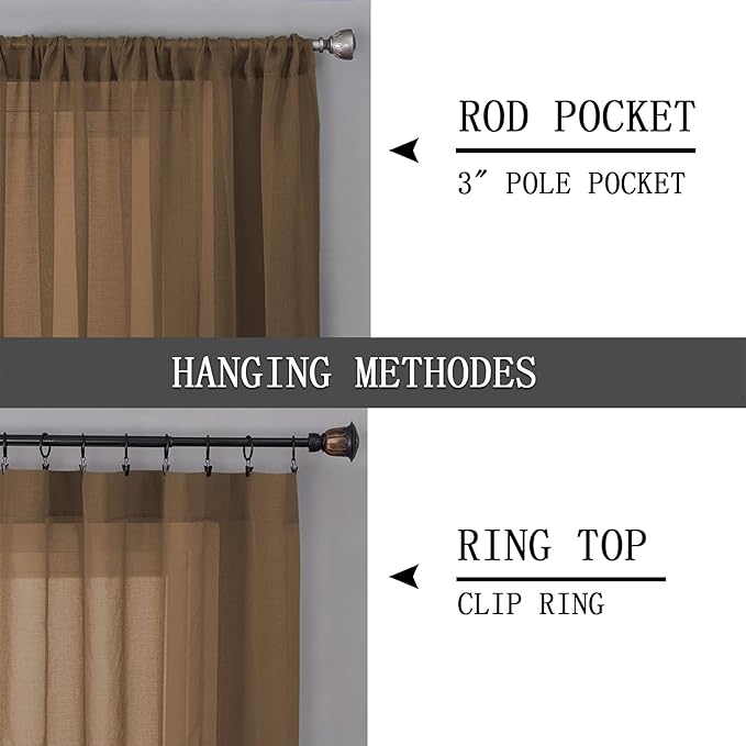 Tollpiz Sheer Curtains Bedroom Linen Textured Curtain Sheers Light Filtering Voile Rod Pocket Curtains for Living Room, 38 x 84 inches Long, Brown, Set of 2 Panels