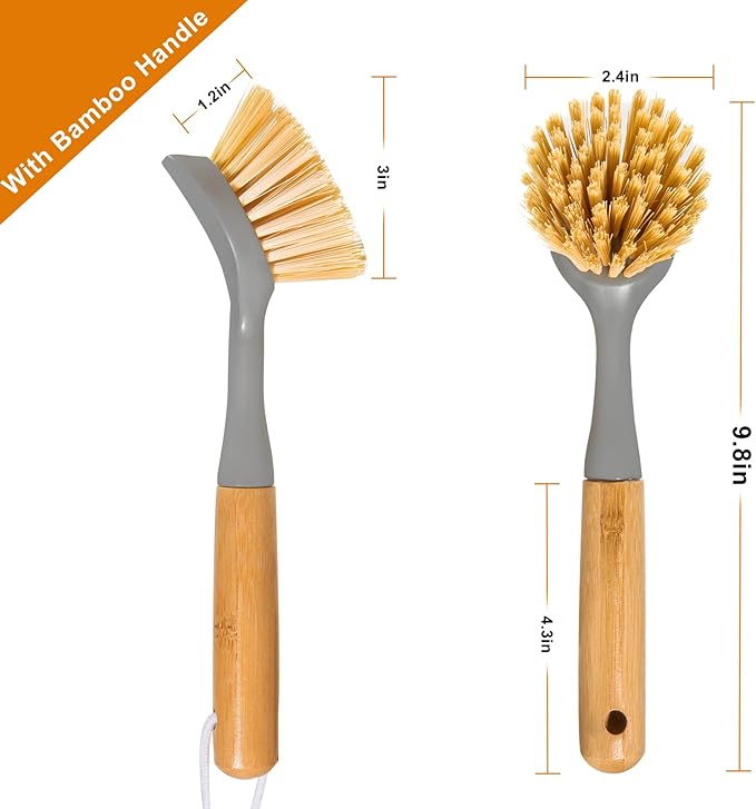 2 Pack Kitchen Dish Brushes with Bamboo Handle, Dish Scrubber Built-in Scraper, Scrub Brush for Pans, Pots, Counter & Kitchen Sink Cleaning, Dishwashing and Cleaning Brush Tools, White