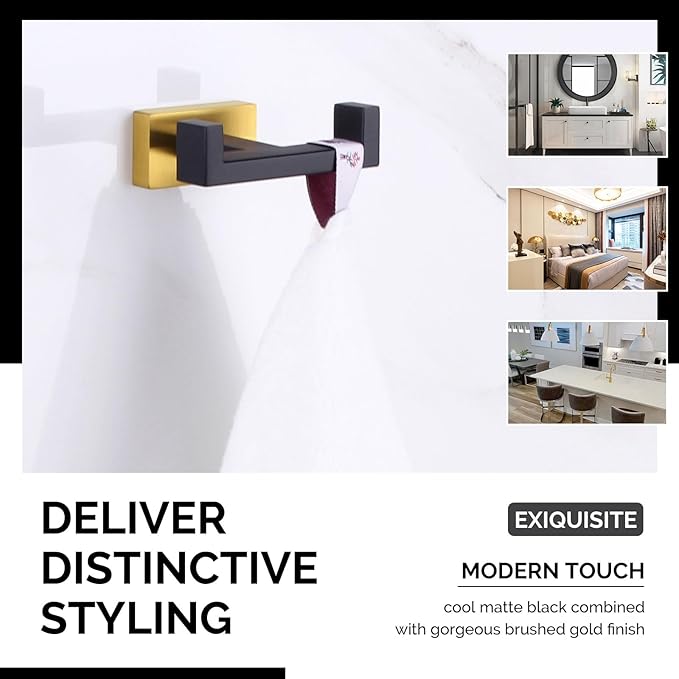 Angle Simple Towel Hook Black & Gold 2 PCS, Stainless Steel Double Hook for Bathroom, Square Robe Hook, Hand Towel Holder for Wall