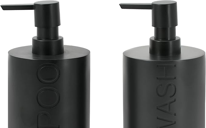 Matte Black Resin 2 Piece Shampoo and Body Wash Dispenser Set, Luxurious Refillable Pump Bottles with Matte Pump Top and Embossed Text, Durable Design for Bathroom and Shower