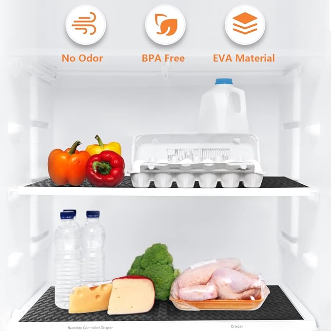 Shelf Liners for Kitchen Cabinets Refrigerator Liners Waterproof & Oil-Proof Kitchen Cupboard Liner Non-Slip Drawer Mats EVA Material Non Adhesive Fridge Liner for Shelves -Black 17.5 x 393.7 Inches