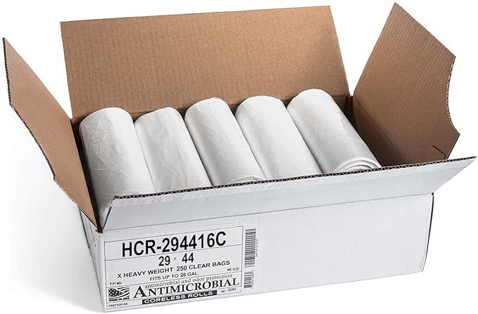 Aluf Plastics High Density Trash Bags, 26 Gallon, 250 Count, 16 Micron (eq), 29" x 44", Clear, for Bathroom, Office, Industrial, Commercial, Janitorial, Municipal, Recycling