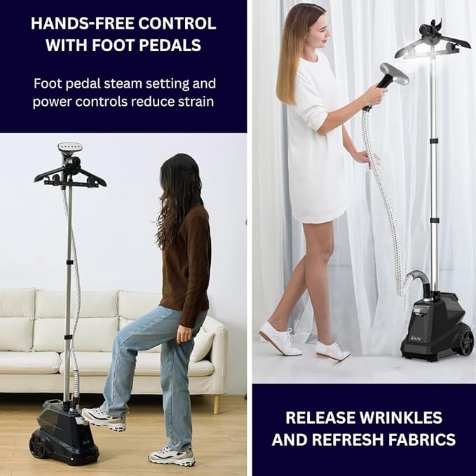 SALAV Heavy Duty Commercial Full-Size Garment Steamer with Foot Pedals and Extra Large 3L (101.5 oz) Water Tank, 1800 watts of Poweful Steam (Navy)
