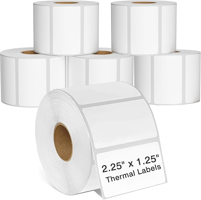 2.25 x 1.25 Thermal Labels, Printable Blank Label Stickers 6000 Label Papers for Barcode Labels, FNSKU, Mailing, Shipping, Compatible with Rollo, Zebra and More Thermal Printer