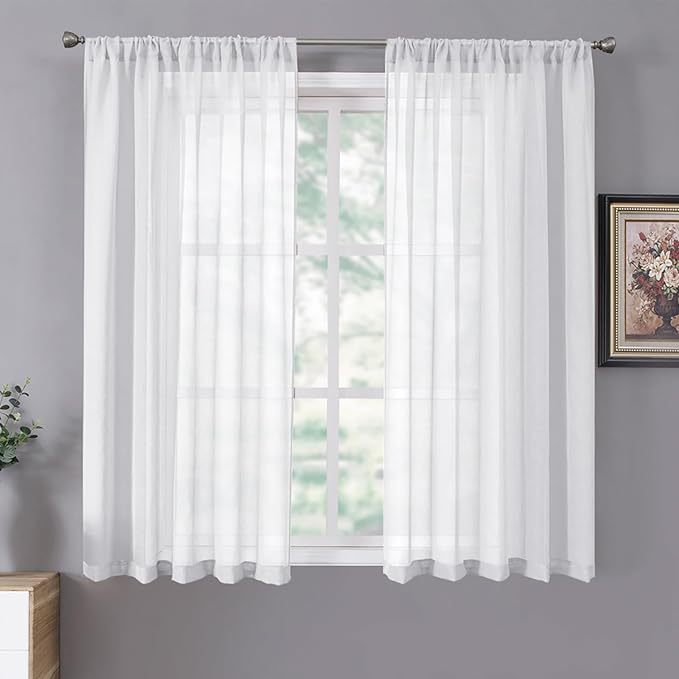Tollpiz Short Sheer Curtain Linen Textured Living Room Curtains Sheer Light Filtering Rod Pocket Voile Curtain for Bedroom, 42 x 54 inches Long, White, Set of 2 Panels