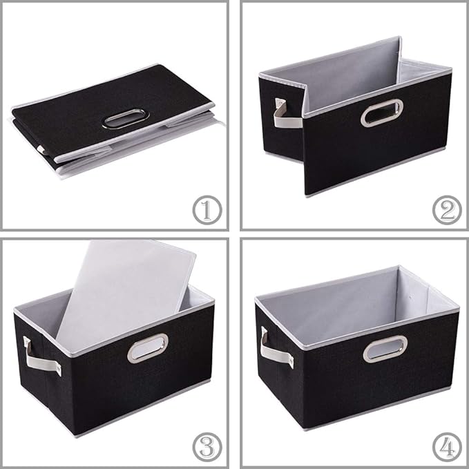 PRANDOM Fodable Storage Bins for Closet [3-pack] Decorative Fabric Storage Baskets Cubes with Leather/Metal Handles for Shelves Bedroom Living Room Black (11.5x8.5x6.7 Inch)