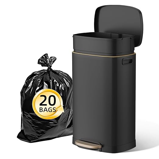 KUK 13 Gallon Kitchen Trash Can with Lid, 50L/13Gal Office Step Garbage Can for Home, Kitchen, Laundry Room, Office, Brushed Stainless Steel, Black