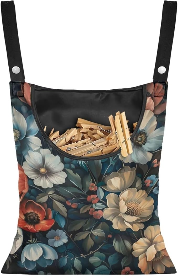Art Flowers Clothes Pin Bag Holder - 14.5 x 12 Inch Lightweight Clothespin Bag for Easy Hang