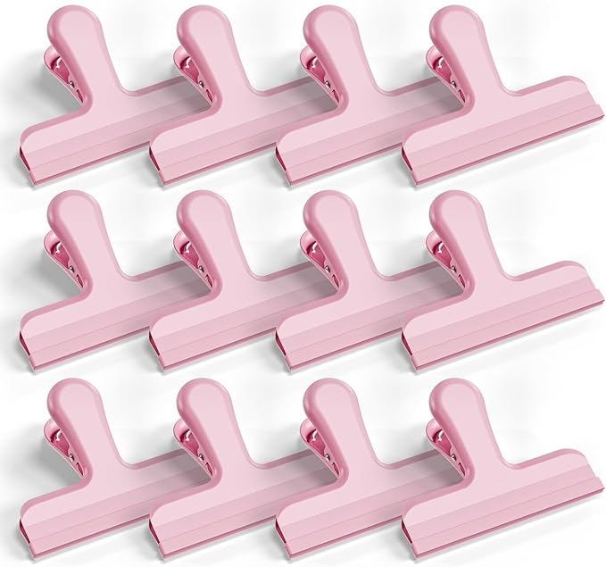 HOUSE AGAIN 12 Pack Stainless Steel Chip Bag Clips Covered with Silicone - NO More Sharp Edges - Color Coded for Food Bags - Air Tight Seal, Heavy Duty for Kitchen and Office, 3 Inches Wide, Pink