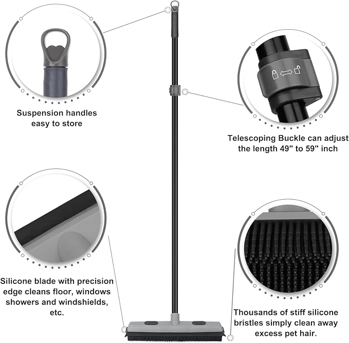 Pet Hair Removal Rubber Broom with Squeegee, Carpet Rake for Pet Hair with 59" Telescoping Long Handle, Fur Remover Rake for Carpet, Hardwood Floor, Tile