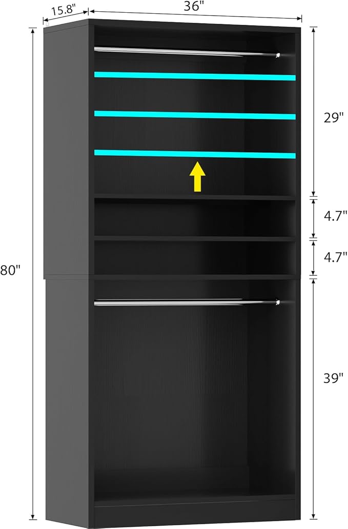 Unikito 3FT Freestanding Closet System with 2 Hanging Rods & Adjustable Shelve, 36'' Wood Closet Organizer System, Clothes Garment Rack, Sturdy Walk-in Closet Tower, Easy Assembly, Hold 800LBS, Black