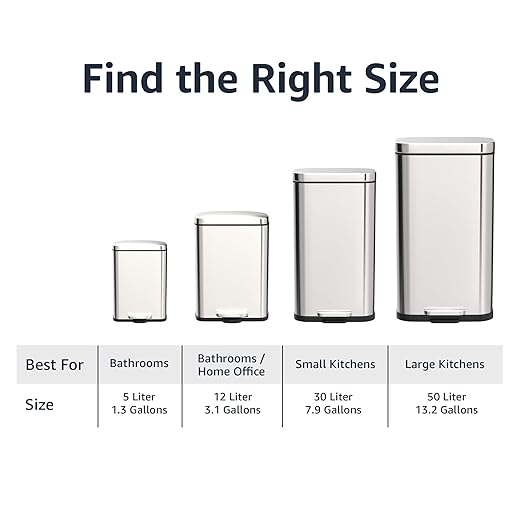 Amazon Basics Smudge Resistant Rectangular Trash Can With Soft-Close Foot Pedal, Brushed Stainless Steel, 50 Liter/13.2 Gallon, Satin Nickel Finish, 16.7"L x 14.7"W x 25.9"H