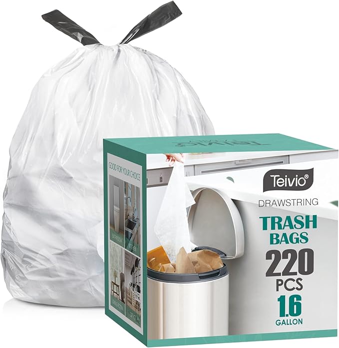 1.6 Gallon/220pcs Strong Drawstring Trash Bags Garbage Bags by Teivio, Bathroom Trash Can Bin Liners, Code b fit 6 Liter, Small Plastic Bags for home office kitchen