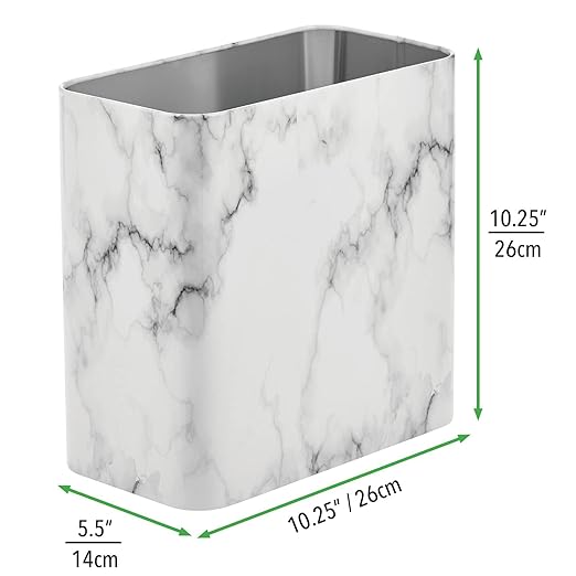 mDesign Metal Wastepaper Bin — Compact Rectangular Bathroom Bin — Rubbish Basket for Home and Office — Marble Coloured