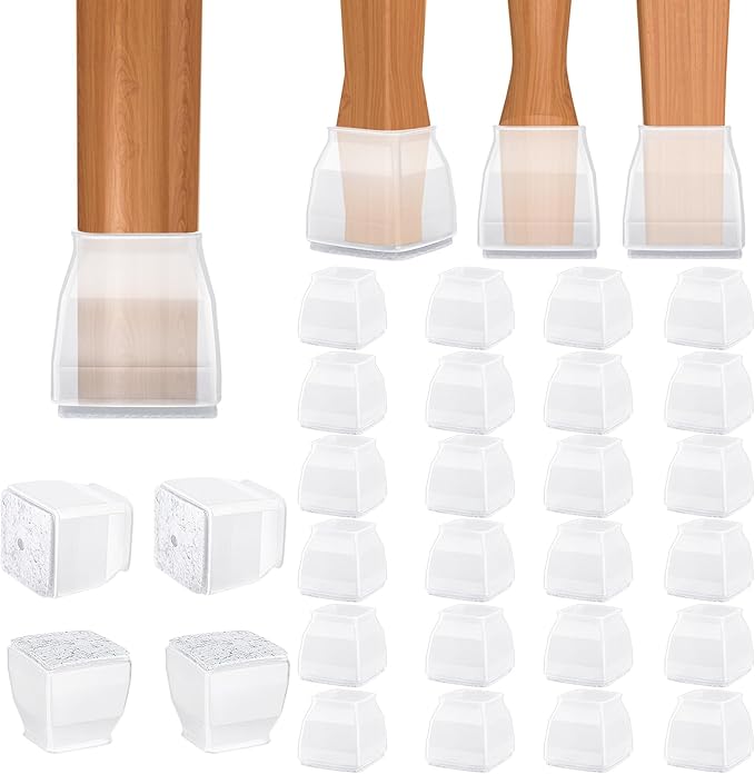 BALEINE 24 Pack Silicone Chair Leg Floor Protectors, Stool Leg Protectors Cap, Non-Slip Chair Leg Caps for Hardwood Floors (Clear & Large (Square), 24 Pack)