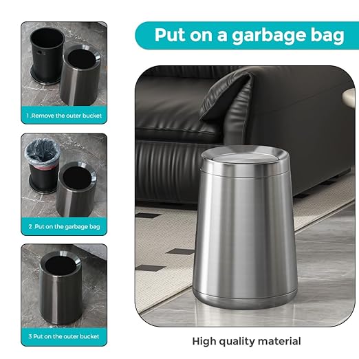 2.1 Gallon Bathroom Trash can with Lid, Small Brushed Silver Garbage Can, Stainless Steel Waste Basket for Bedroom Kitchen Office Hotel Powder Room Toilet (32A silver-8L)