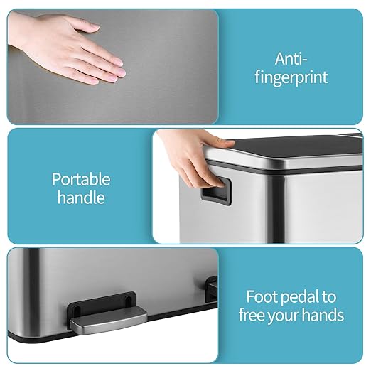 16 Gallon Rectangular Stainless Steel Trash Can, Dual Compartment Garbage Bin with Recycling Combo, Metal Dustbin Lid, Removable Liner, Indoor Hands Free Waste Bucket for Kitchen Home