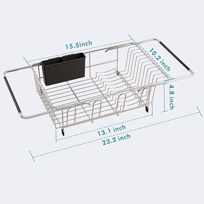 JASIWAY Dish Drying Rack in Sink, Expandable Stainless Steel Dish Drainers for Kitchen Counter, Dish Dryer Rack for Inside Sink, Over The Sink Dish Racks with Utensil Holder, Silver