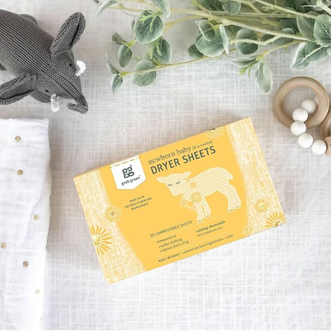 Grab Green Newborn Baby Dryer Sheets, 40 Sheets, Chamomile Scent, Plant and Mineral Based, Compostable, Softens Clothing and Linens, Reduces Static Cling