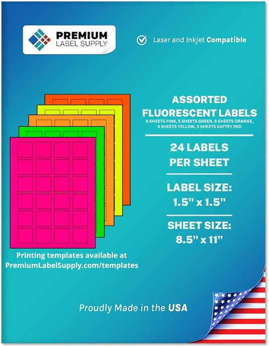 Premium Label Supply Bright Neon Color Fluorescent Sticker Labels - 1.5" x 1.5" Square Labels - (Assorted Fluorescent, 600 Labels)