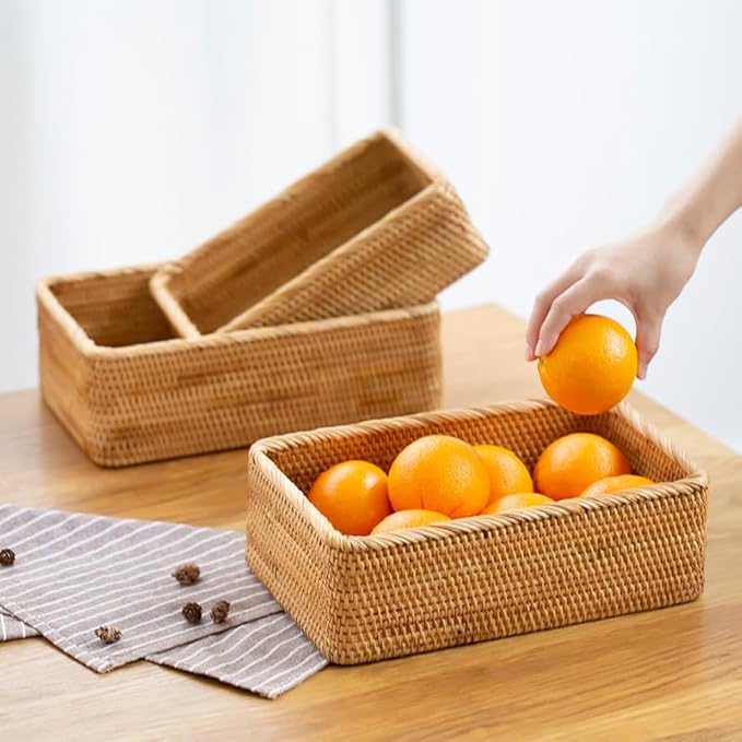 Rattan Storage Baskets, Wicker Baskets for Organizing, Hand Woven Fruit Basket, Decorative Baskets for Kitchen Counter, Living Room, Bathroom, Set of 3