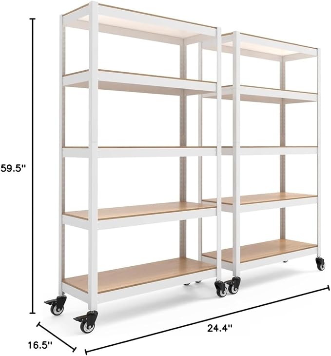 HOMEDANT House White 5-Tier Metal Rolling Cart Shelf Rack Casters Heavy Duty Wheel Shelving Unit Adjustable Utility Storage Shelves Organizer Shelf Kitchen Garage 36.2" W x 16.5" D x 69.5" H 2Pack